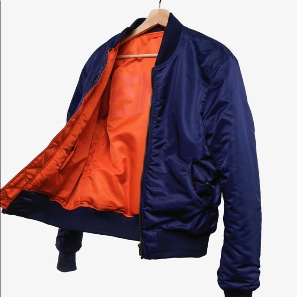 Navy blue TMF Jose Zuniga ESNTLS bomber jacket